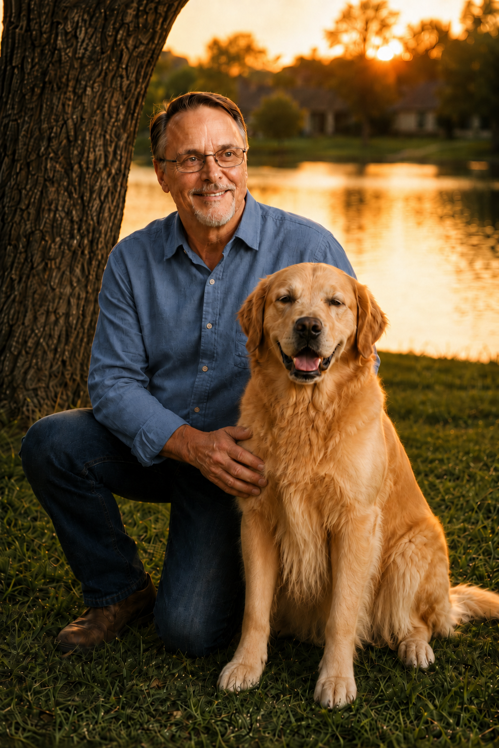 Larry J. Walsh outdoors with a golden retriever